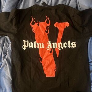 Palm Angels Black Tee with Red Flame Graphic